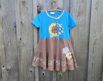 M Boho hippie tunic, blue sunflower tunic dress, hippie style, upcycled by Bloomingdale boutique