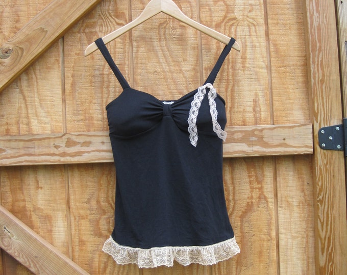 Black Babydoll Tank, Black Tank Knit Stretch, Vintage Lace Tank Stretch ...