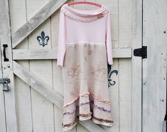 M bohemian alternative wedding, pink linen dress, Upcycled clothing