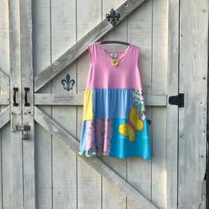 L-XL Pink blue patchwork tunic dress, hippie upcycled Artsy tunic