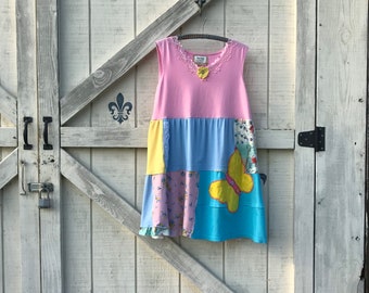 L-XL Pink blue patchwork tunic dress, hippie upcycled Artsy tunic