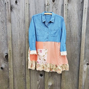 M-L Boho hippie tunic, Rustic blue patchwork tunic, denim tunic upcycled by Bloomingdale boutique