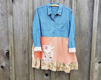 M-L Boho hippie tunic, Rustic blue patchwork tunic, denim tunic upcycled by Bloomingdale boutique
