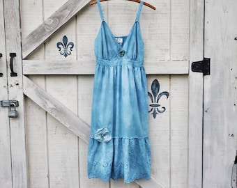 S-M Hippie beach sundress, blue teal cotton sundress, boho hippi chic