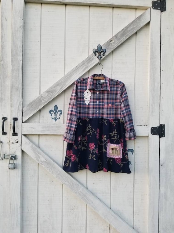 M Boho plaid tunic dress, rustic clothing