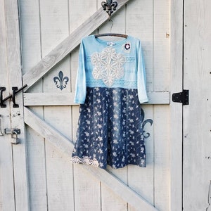 M-L Cottage chic dress, mint teal denim dress, upcycled dress clothing by Bloomingdale boutique