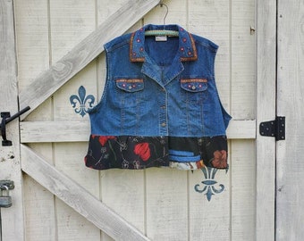 2X 3X denim vest, skirted vest, bird theme jacket upcycled by Bloomingdale boutique