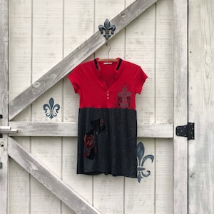 XS-S Rustic tunic dress, upcycled clothing, red black Cross theme dress