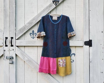 M-L linen Rustic dress, patchwork blue hippie dress, upcycled clothing