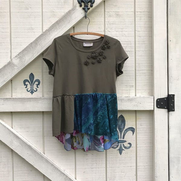 S Hippie knit olive green top blouse, Upcycled clothing