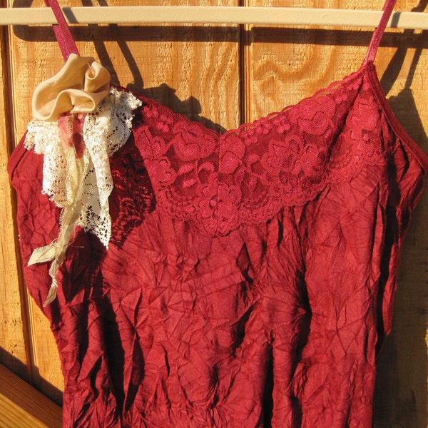 Reserved for Erin...upcycled fall red lace tank shabby chic stretch top rust rose lace medium large