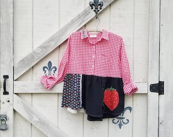 M Red plaid top, Strawberry top blouse, Red check