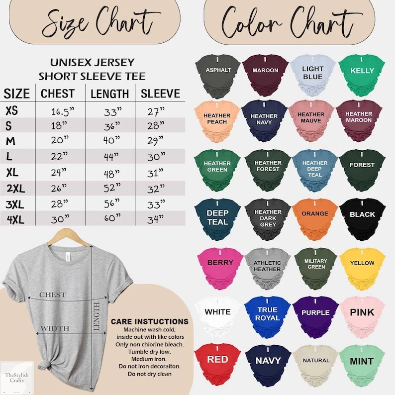May include: A size and color chart for unisex short sleeve tees. The size chart lists chest, length, and sleeve measurements in inches. The color chart displays various shirt colors, including Asphalt, Maroon, Light Blue, and Kelly.