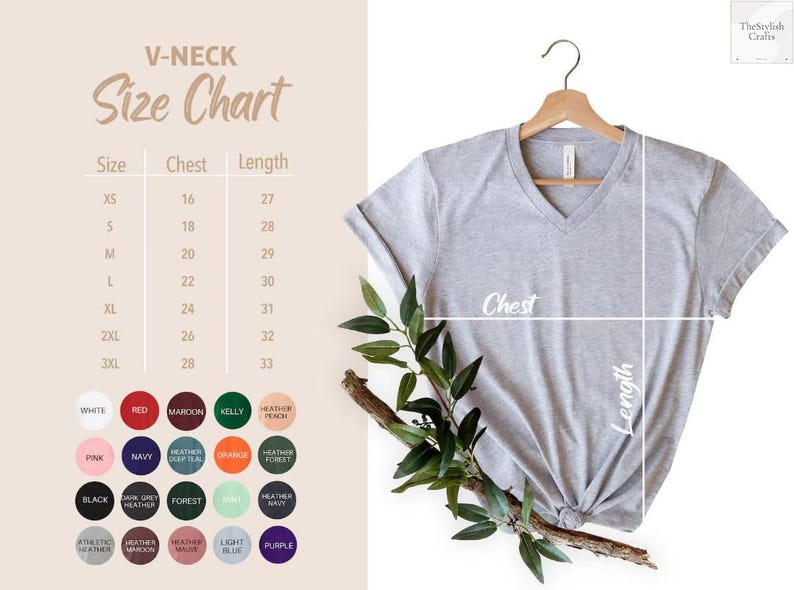 May include: A light gray V-neck t-shirt hanging on a wooden hanger, with a size chart and color options displayed. The size chart shows chest and length measurements in inches. The text "V-NECK Size Chart" is at the top.
