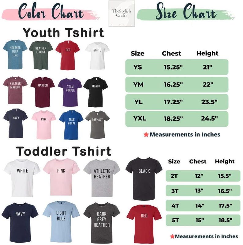 May include: A color chart and size chart for youth and toddler t-shirts. The color chart displays various t-shirt colors, including red, white, black, and navy. The size chart provides chest and height measurements in inches for each size.