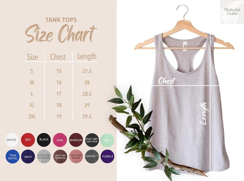 May include: A light gray tank top hanging on a wooden hanger, with a size chart and color options. The size chart shows chest measurements from 15 to 19 inches and lengths from 27.5 to 29.5 inches. The text "Tank Tops Size Chart" is at the top.