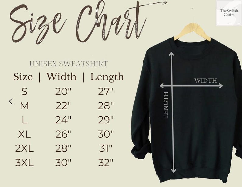 May include: A black unisex sweatshirt displayed on a hanger, with a size chart to the left. The chart lists sizes S to 3XL, with corresponding width and length measurements in inches. The text "Size Chart" is at the top.