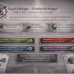 May include: A digital financial management graphic with the text "Excel Pilotage - Gestion de Budget." The image includes a calculator, smartphone, coffee cup, and a laptop. The graphic has several buttons with financial terms.