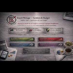 Pode incluir: Uma imagem de um gráfico de planejamento financeiro com o texto "Excel Pilotage - Gestion de Budget". A imagem inclui uma calculadora, um smartphone, uma xícara de café e um gráfico de pizza. O gráfico tem várias seções rotuladas para rastrear as finanças.