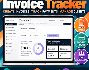 Puede incluir: Una pantalla de portátil que muestra el panel de control de SmartToolLab Invoice Tracker con datos financieros, resúmenes de pagos y menús. La interfaz incluye texto para la creación de facturas, seguimiento de pagos y gestión de clientes.