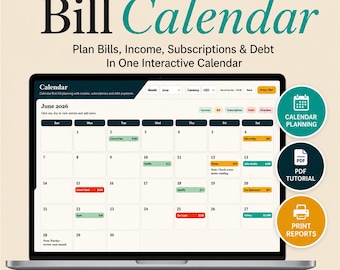 Fakturakalender | Fakturaspårare, månatlig budgetplanerare, utgiftsspårare, finansiell planerare, verktyg för betalningsorganisering