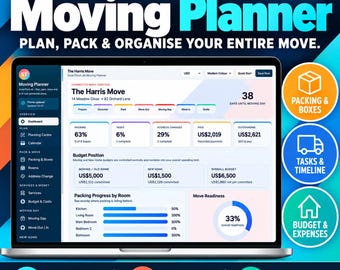 Puede incluir: Una interfaz de software de planificador de mudanzas en una pantalla de portátil, con un panel de control, barras de progreso, seguimiento de presupuesto y listas de tareas. El texto incluye SmartToolLab Moving Planner.