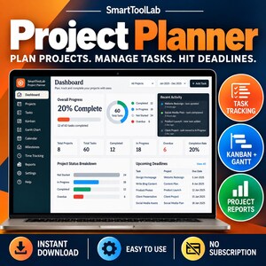 Peut inclure: Un ordinateur portable affichant le tableau de bord SmartToolLab Project Planner avec des graphiques de progression, des listes de tâches et un suivi des échéances. L'écran indique 20% de progression, le statut des projets et l'activité récente.