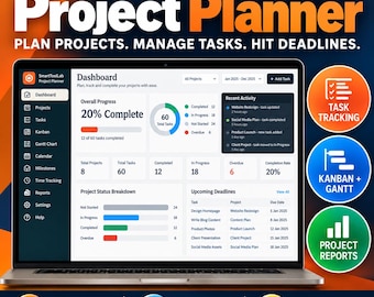 Puede incluir: Un ordenador portátil que muestra el panel de control de SmartToolLab Project Planner con gráficos de progreso, listas de tareas y seguimiento de plazos. La pantalla muestra un 20% de finalización, desgloses de estado de proyectos y actividad reciente.