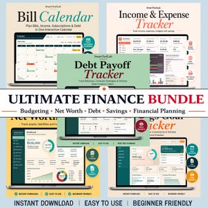 Op de afbeelding: Een digitale Ultimate Finance Bundle productset met een factuurkalender, inkomsten- en uitgaven-tracker, schuld-aflos-tracker, vermogens-tracker en spaardoel-tracker. Elk hulpmiddel toont financiële gegevens op laptopschermen.