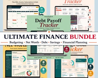 Ultimat finanspaket | Budgetplanerare, räkningsspårare, skuldbetalningsspårare, sparspårare och förmögenhetsspårare