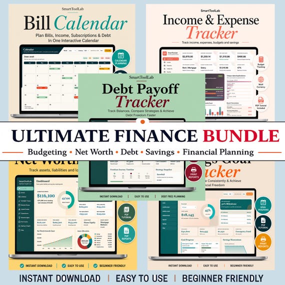 Ultimate Finance Bundle | Budget Planner, Bill Tracker, Debt Payoff Tracker, Savings Tracker & Net Worth Tracker