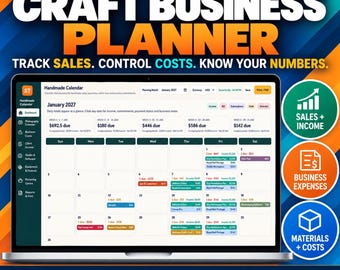 Puede incluir: Un planificador digital para negocios artesanales en la pantalla de una computadora portátil, con una interfaz de calendario de enero de 2027 con columnas para ventas, costos e ingresos. El texto dice SmartToolLab, Craft Business Planner.