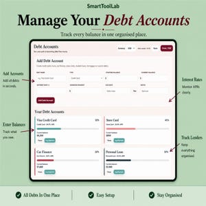 May include: A digital debt management dashboard titled Manage Your Debt Accounts by SmartToolLab. The interface features an Add Debt Account form and a Your Debt Accounts section displaying credit cards, store cards, and loans with balance bars.