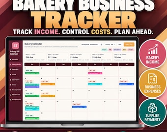Puede incluir: Un rastreador digital de negocios de panadería mostrado en una pantalla de computadora portátil, con una interfaz de calendario mensual con ingresos, facturas y gastos codificados por colores. El panel incluye menús de navegación y resúmenes.