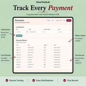 May include: A digital payment tracker interface titled SmartToolLab Track Every Payment. The screen displays a log payment section with fields for date, debt, amount, and notes, followed by a detailed payment history table listing various debts.
