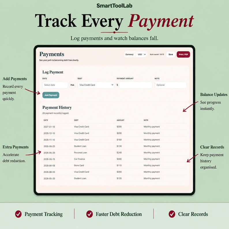 May include: A digital payment tracker interface titled SmartToolLab Track Every Payment. The screen displays a log payment section with fields for date, debt, amount, and notes, followed by a detailed payment history table listing various debts.