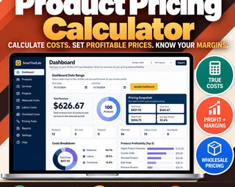 Puede incluir: Un panel de control digital para el cálculo de precios de productos mostrado en una pantalla de portátil. La interfaz presenta métricas financieras, incluyendo ingresos totales, costes, beneficios y márgenes, con gráficos y tablas.