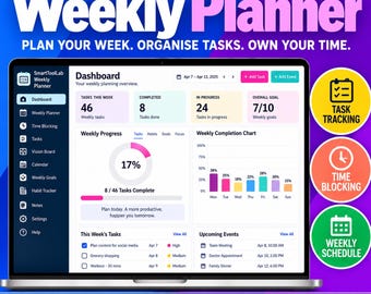 Puede incluir: Un panel de control digital de planificador semanal en la pantalla de una computadora portátil, con secciones para tareas, gráficos de progreso y eventos. La interfaz incluye etiquetas como SmartToolLab, Weekly Planner y Dashboard.