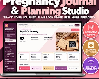 Puede incluir: Un diario de embarazo digital y estudio de planificación en la pantalla de una computadora portátil. La interfaz incluye secciones para seguimiento, planes de parto, bolsas de hospital y presupuestos, con texto como SmartToolLab y Sophie's Journey.
