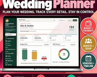 Puede incluir: Una interfaz digital de planificador de bodas en la pantalla de un portátil, con un panel de control para presupuesto, invitados y tareas. La pantalla muestra texto que incluye SmartToolLab, Wedding Planner y Alex & Jordan.