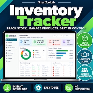 May include: A digital inventory tracker software interface displayed on a laptop screen. The dashboard shows metrics including total products, stock value, low stock items, and supplier counts, with charts for stock status and inventory value by category.