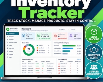 Puede incluir: Una interfaz de software de seguimiento de inventario en la pantalla de una computadora portátil. El panel muestra métricas que incluyen el total de productos, el valor del inventario, artículos con poco stock y proveedores, con gráficos.
