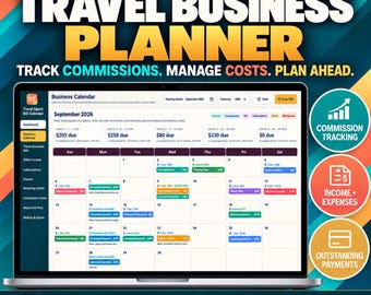 Puede incluir: Un planificador digital de negocios de viajes en una pantalla de portátil, con un calendario de septiembre de 2026 que muestra ingresos, comisiones y facturas codificados por colores. La interfaz incluye un menú lateral e iconos de resumen para el seguimiento.