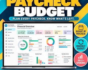 Puede incluir: Un panel financiero digital titulado Paycheck Budget mostrado en la pantalla de una computadora portátil. La interfaz muestra una visión general financiera con gráficos, desgloses de gastos y progreso de categorías presupuestarias. El texto incluye SmartToolLab, Plan Every Paycheck, Know What's Left, Budget By Paycheck, Biweekly Budget, Bills + Spending, Instant Download, Easy To Use y No Subscription.