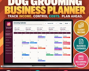 Puede incluir: Un planificador digital de negocios de peluquería canina en una pantalla de portátil, con una interfaz de calendario mensual para el seguimiento de ingresos y gastos, junto a iconos circulares para clientes y gastos del negocio.