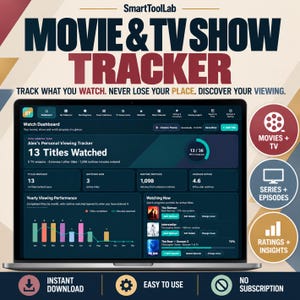 Pode incluir: Um painel digital de rastreamento de filmes e programas de TV exibido em uma tela de laptop. A interface inclui um painel de controle, gráficos de desempenho anual e títulos ativos. Texto: SmartToolLab, Movie & TV Show Tracker.