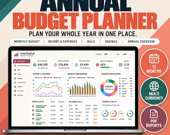 Puede incluir: Un planificador de presupuesto anual digital en una pantalla de portátil, con el logo de SmartToolLab, panel de control, ingresos, gastos, ahorros y seguimiento de facturas. La interfaz incluye gráficos y resúmenes financieros para 2026.