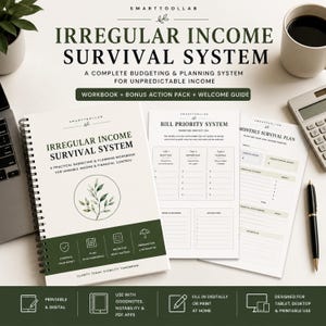 Może przedstawiać: Workbook do budżetowania i planowania zatytułowany "Irregular Income Survival System" z oprawą spiralną, wraz z arkuszami roboczymi i długopisem. Okładka zawiera tekst i ilustrację botaniczną. System przeznaczony jest dla nieprzewidywalnych dochodów.