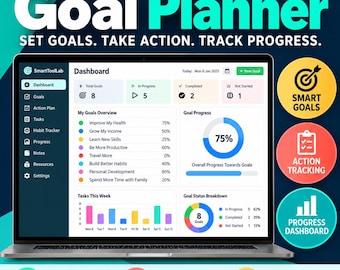 Puede incluir: Una pantalla de portátil que muestra el panel de control SmartToolLab Goal Planner con secciones para objetivos, planes de acción y seguimiento de progreso. La interfaz presenta gráficos coloridos, una lista de tareas y desgloses de estado. El texto incluye SmartToolLab, Goal Planner, Set Goals. Take Action. Track Progress.