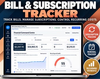 Puede incluir: Un rastreador digital de facturas y suscripciones mostrado en la pantalla de una computadora portátil. La interfaz muestra un centro de comando financiero con gráficos, totales de compromisos mensuales y métricas de salud de costos recurrentes.